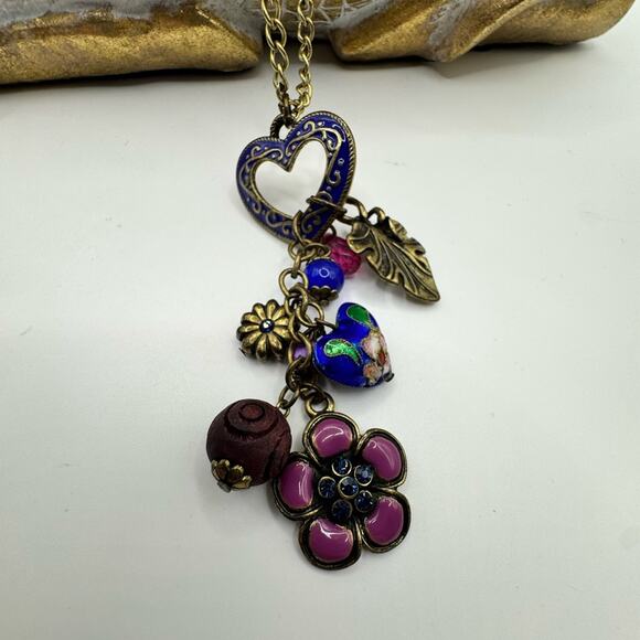 Brass Heart, Feather, Crystal Dangle necklace EUC - Picture 1 of 2